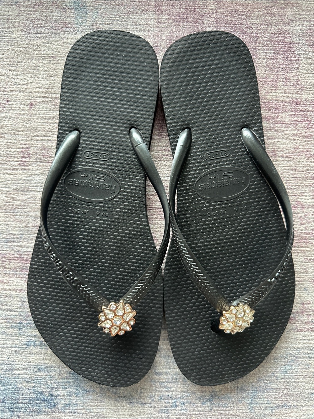 Havaianas Women's Slim Black Flip Flops with Crystal Flower Accent
